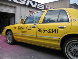 Vehicle lettering for Yellow Cab of Sarasota. To see more vehicle / fleet lettering & graphics like this, CLICK HERE to view the vehicle / fleet lettering & graphics section of our Portfolio page.